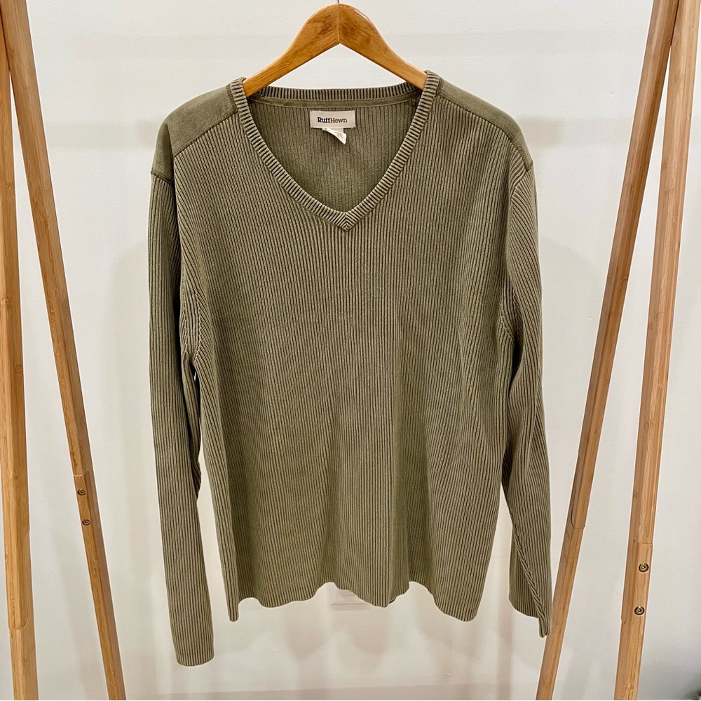 Vintage Wide Ribbed V-neck Sweater in Khaki Green - Picture 2 of 5